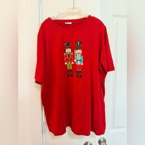Women’s WHY Dress Oversized Tunic Short Sleeve Red Nutcracker Sequin Patch Tee